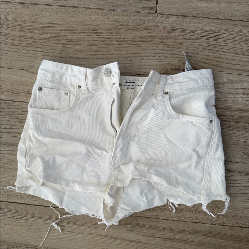 Stradivarius White Frayed Jean Shorts
